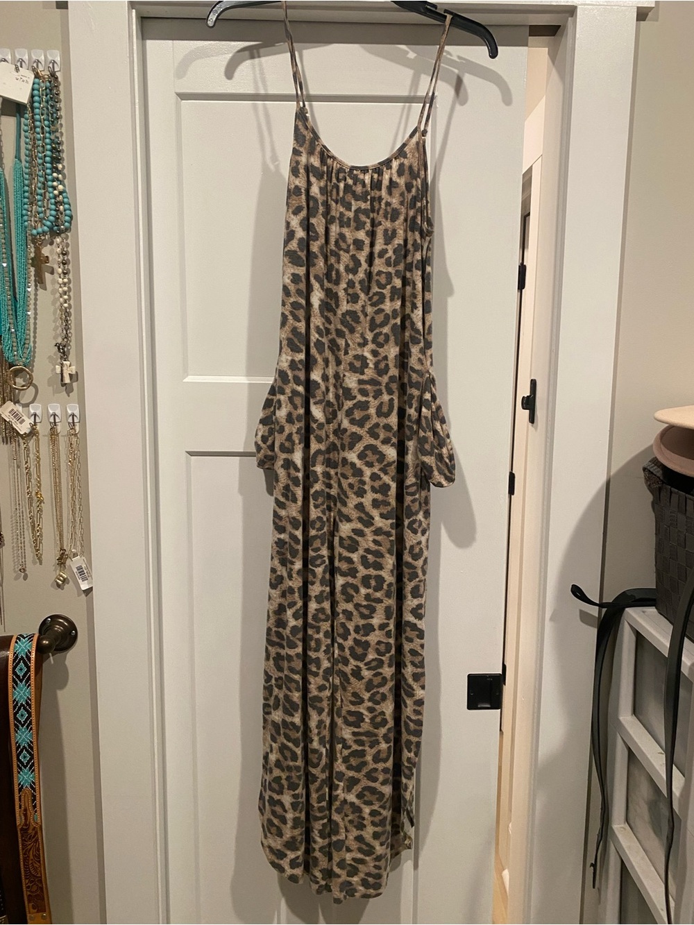 Zenana Outfitters Beige and Charcoal Animal Print Jumpsuit